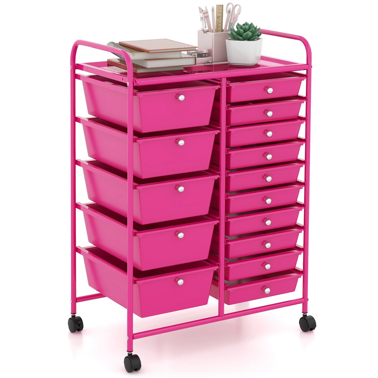 Costway 15 Drawer Rolling Storage Cart Tools Scrapbook Paper Office School Organizer Multicolored/Pink/Grey/Hot Pink/White/Black/Clear/Multicolor/Colorful/Mixed Pink